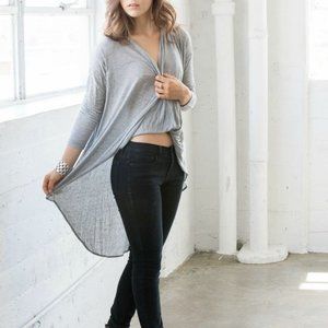 Gray Long Sleeve T-Shirt Drape Knit High Low Top